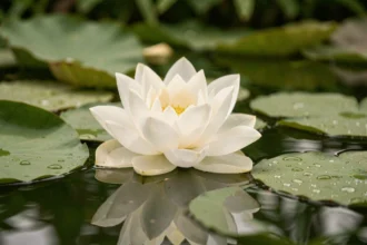 Fleur de lotus blanc en pleine floraison posée sur la surface d'un étang naturel entouré de nénuphars verts