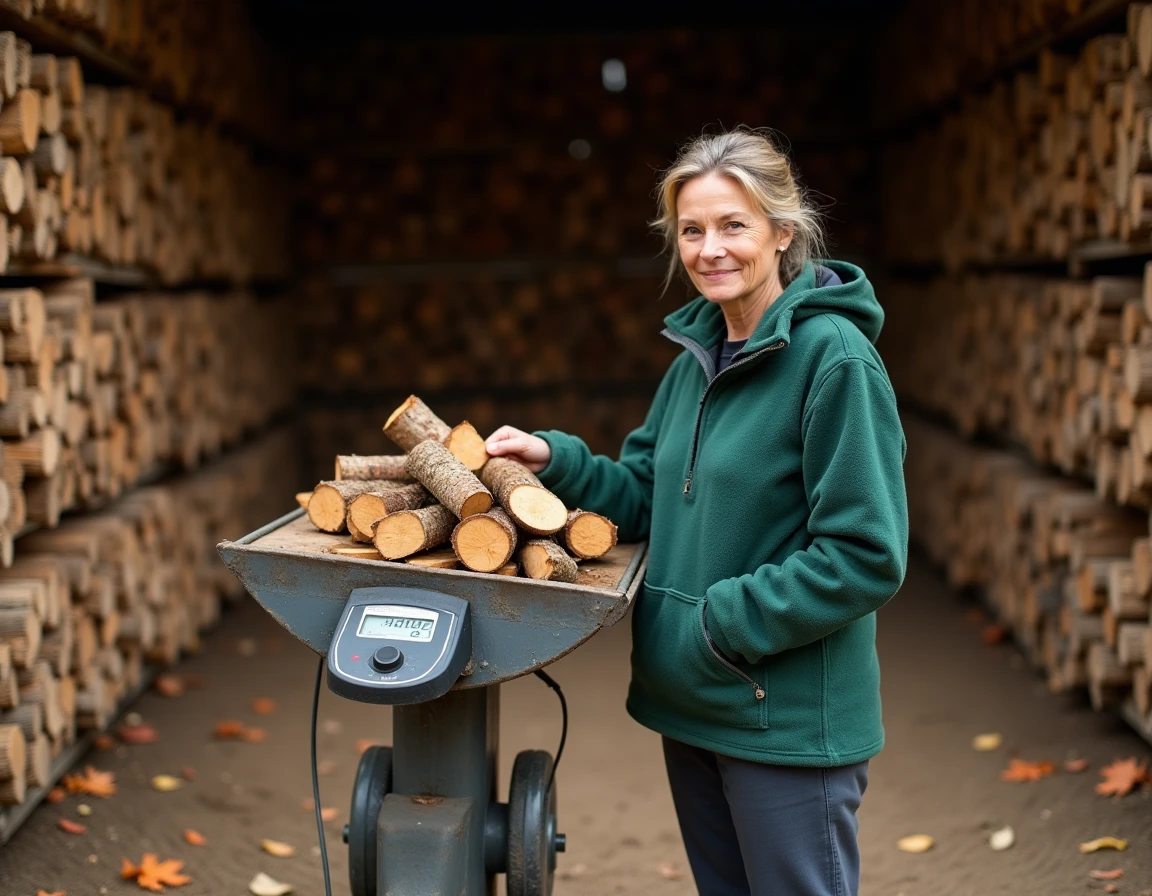Fournisseur de bois pesant des bûches de chêne sur une balance industrielle dans un dépôt de bois en plein air