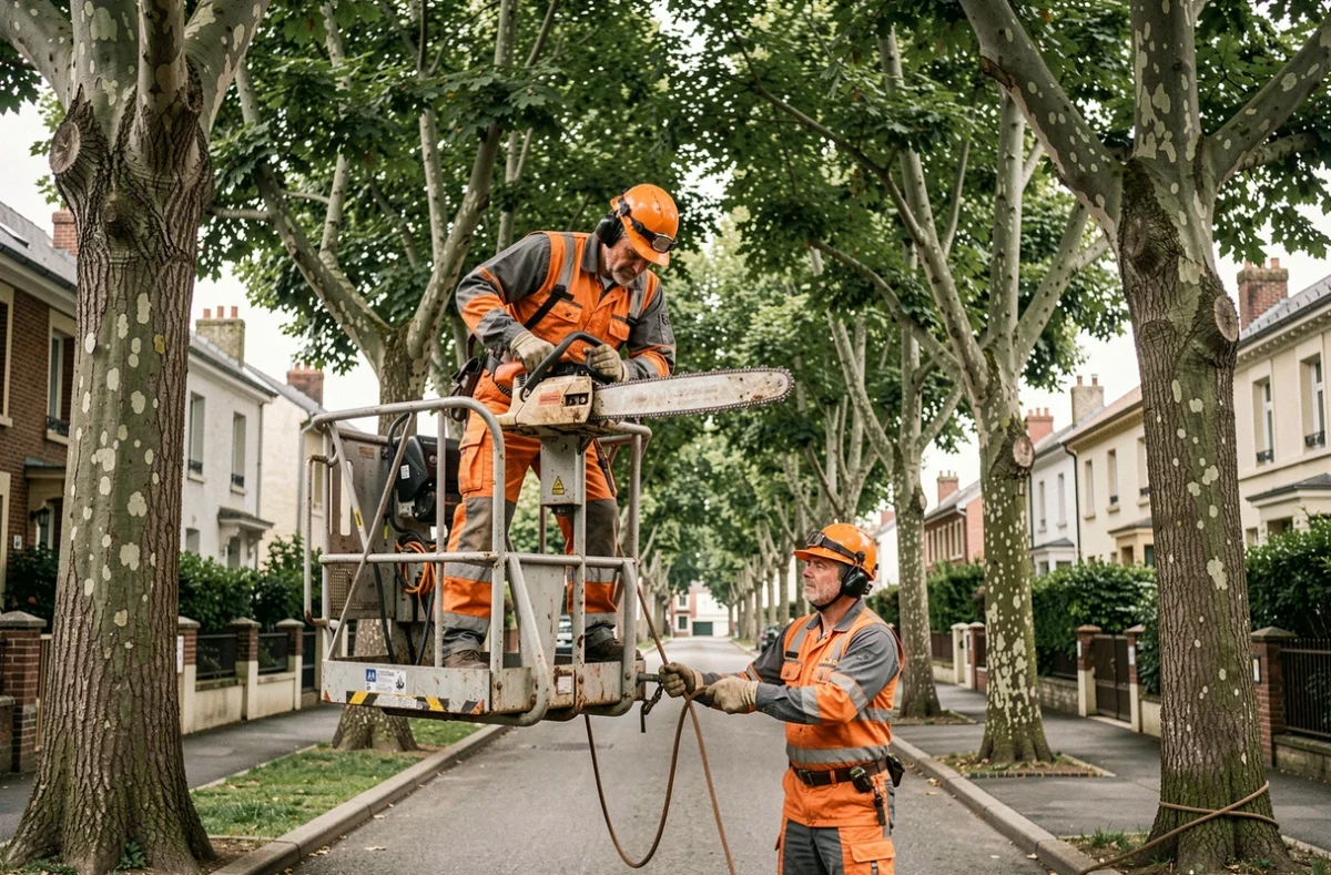 Les Frères Bauer, duo d'élagueurs professionnels travaillant en équipe sur une rue résidentielle de Seine-Saint-Denis avec nacelle et tronçonneuse