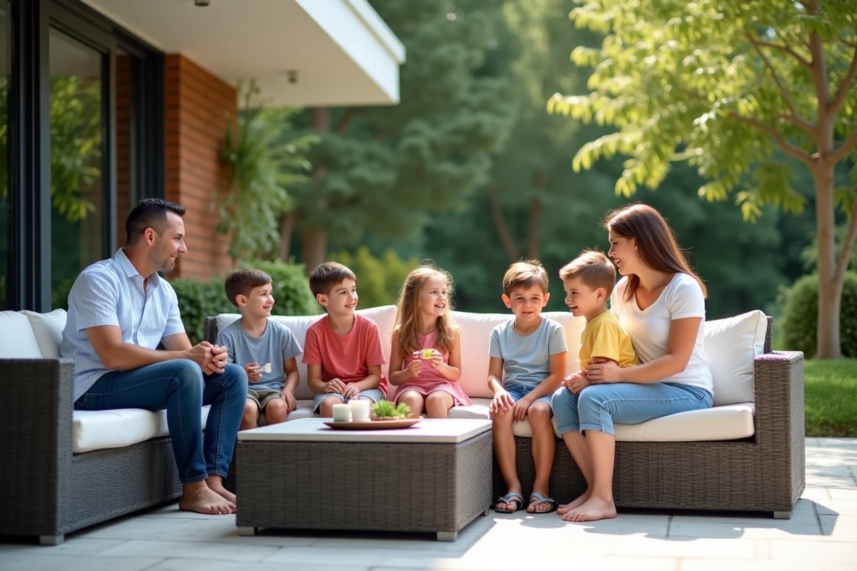Freres et soeurs jouant sur un canapé extérieur moderne
