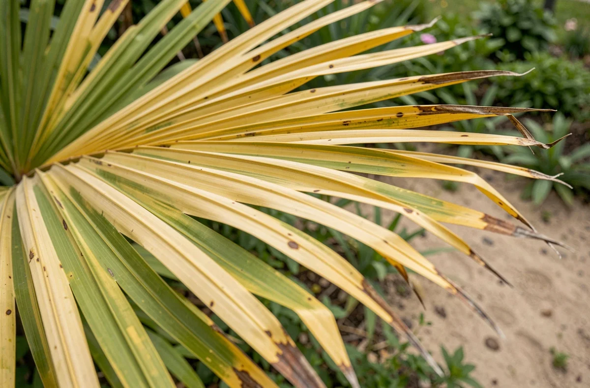 Gros plan sur des frondes de palmier jaunissantes montrant des signes de carence en pleine terre
