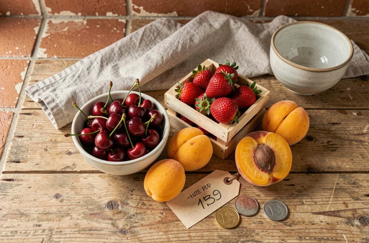 Assortiment de fruits de saison de juin sur un comptoir en bois avec des cerises, fraises, abricots et pièces de monnaie symbolisant un budget alimentaire serré