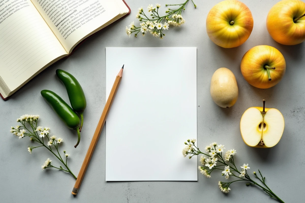 Vue du dessus d'une sélection de fruits et légumes commençant par la lettre J disposés sur béton gris avec un carnet et un crayon