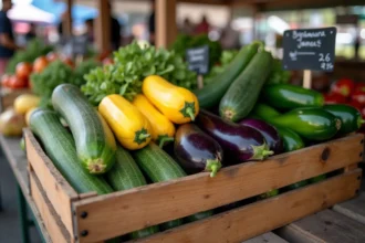 Cagette en bois remplie de courgettes, aubergines et jalapeños frais sur un étal de marché avec des étiquettes à la craie