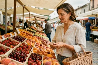Femme faisant ses courses de fruits de saison en juin sur un marché extérieur avec des fraises, cerises et abricots dans des caisses en bois