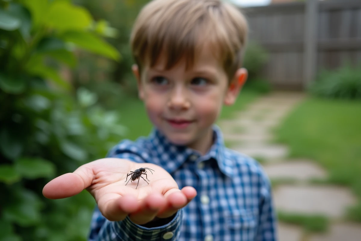 Jeune garçon observant un insecte dans le jardin
