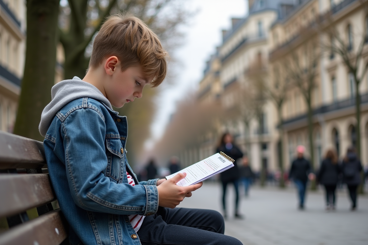 Adolescent lisant un calendrier sur un banc dans un parc urbain