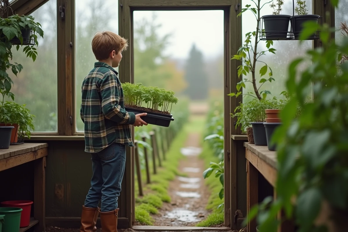 Adolescent dans la serre tenant des plants de tomates