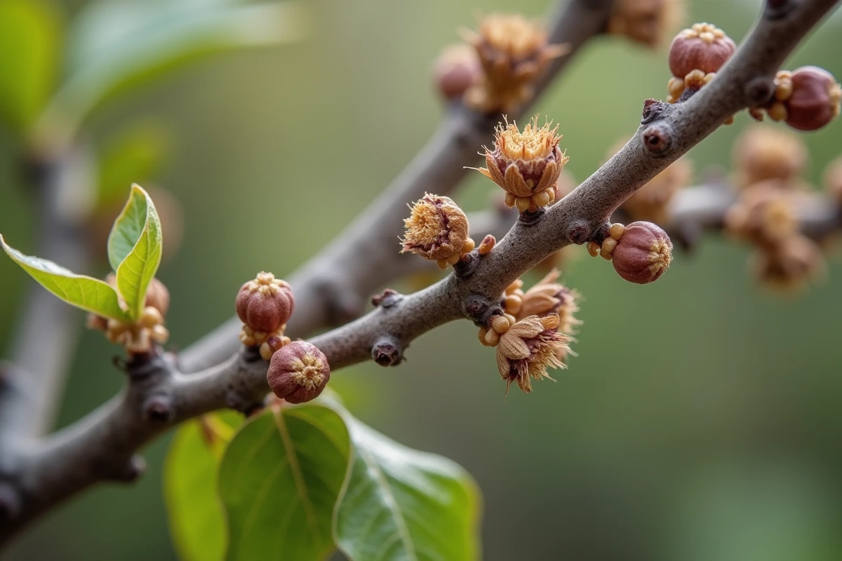 Gros plan sur les boutons floraux desséchés et non développés d'un lilas du Japon