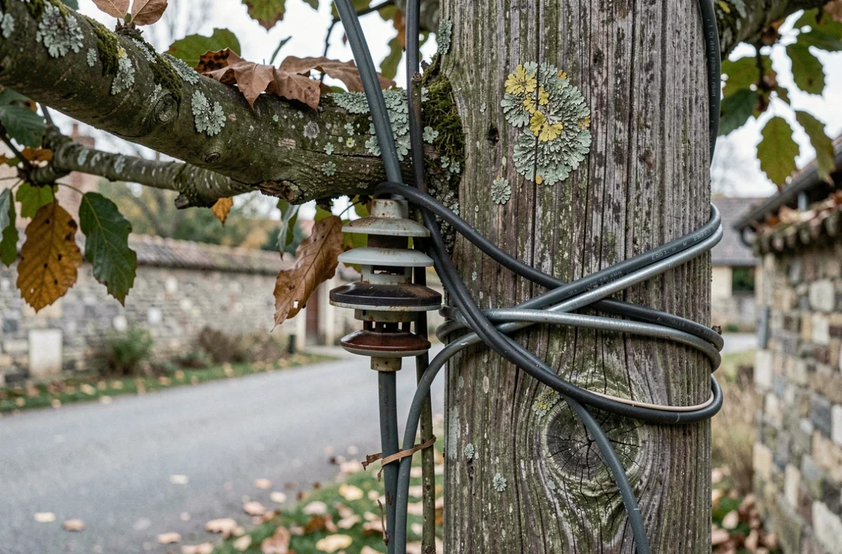 Gros plan sur une branche d'arbre en contact avec un câble électrique sur un poteau Enedis en zone rurale