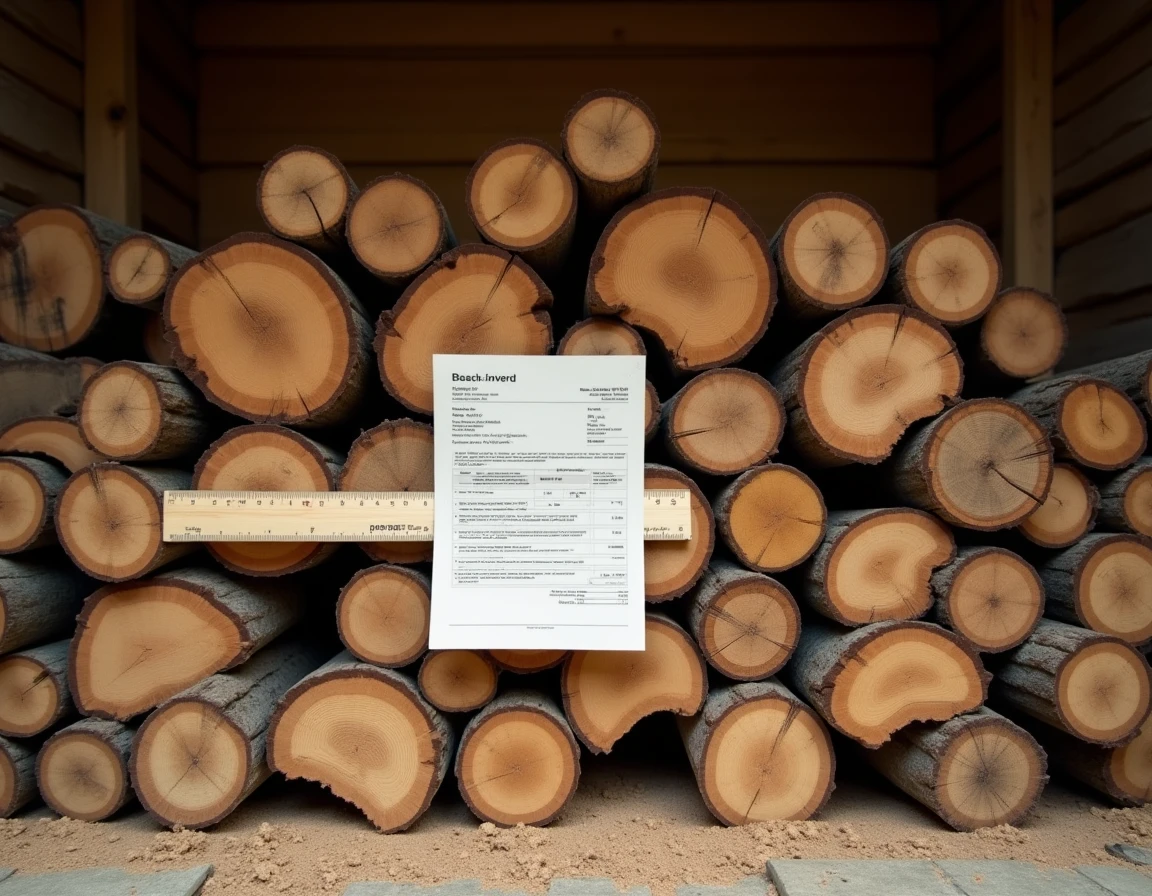 Gros plan sur une pile de bûches de hêtre et de chêne avec une règle et une facture de livraison posées dessus dans un abri à bois
