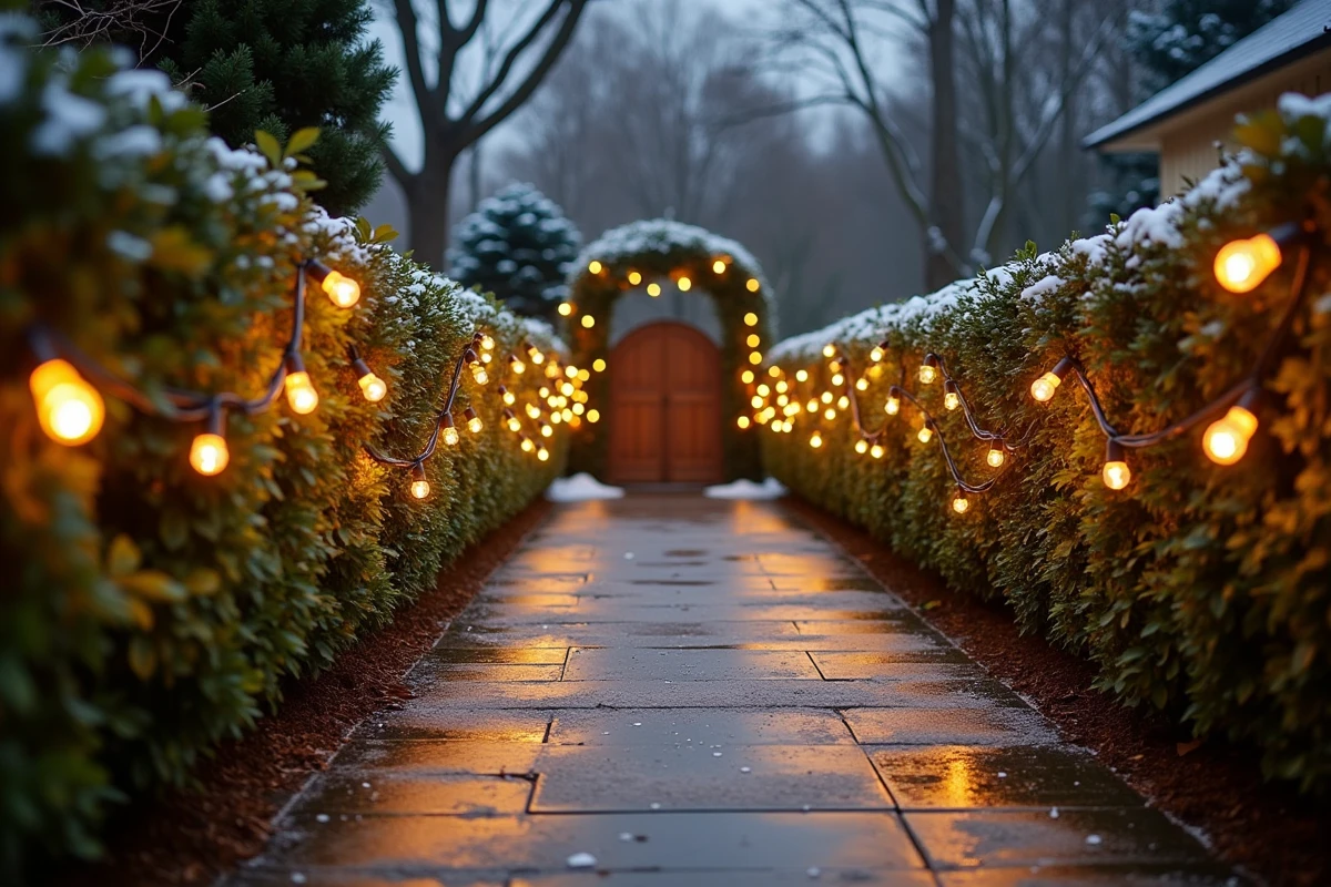 Haie de jardin décorée de guirlandes lumineuses blanches le long d'une allée enneigée pour Noël