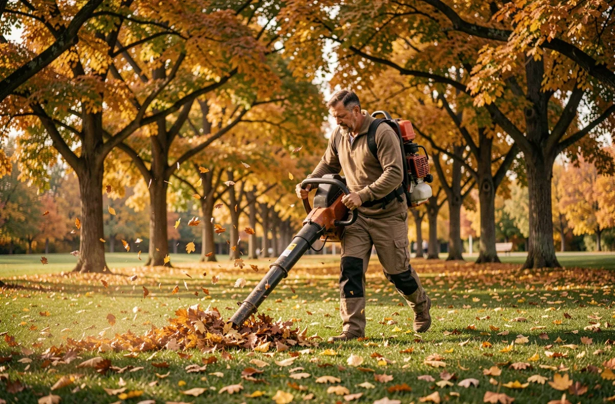 Spécialiste des espaces verts d'Herba Paysage soufflant des feuilles mortes dans un espace vert public avec des arbres aux couleurs automnales en arrière-plan