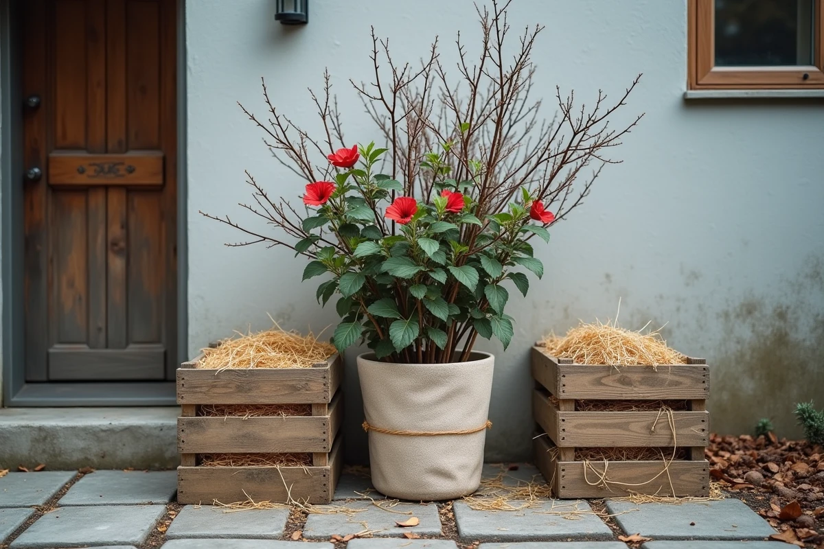 Hibiscus en pot protégé avec un voile d'hivernage et de la paille contre un mur extérieur abrité en hiver