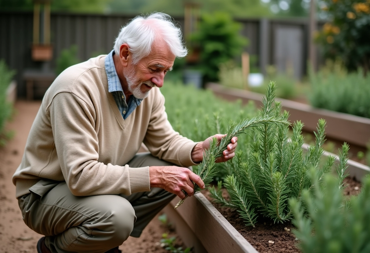 Homme âgé examinant un rameau de romarin dans un jardin