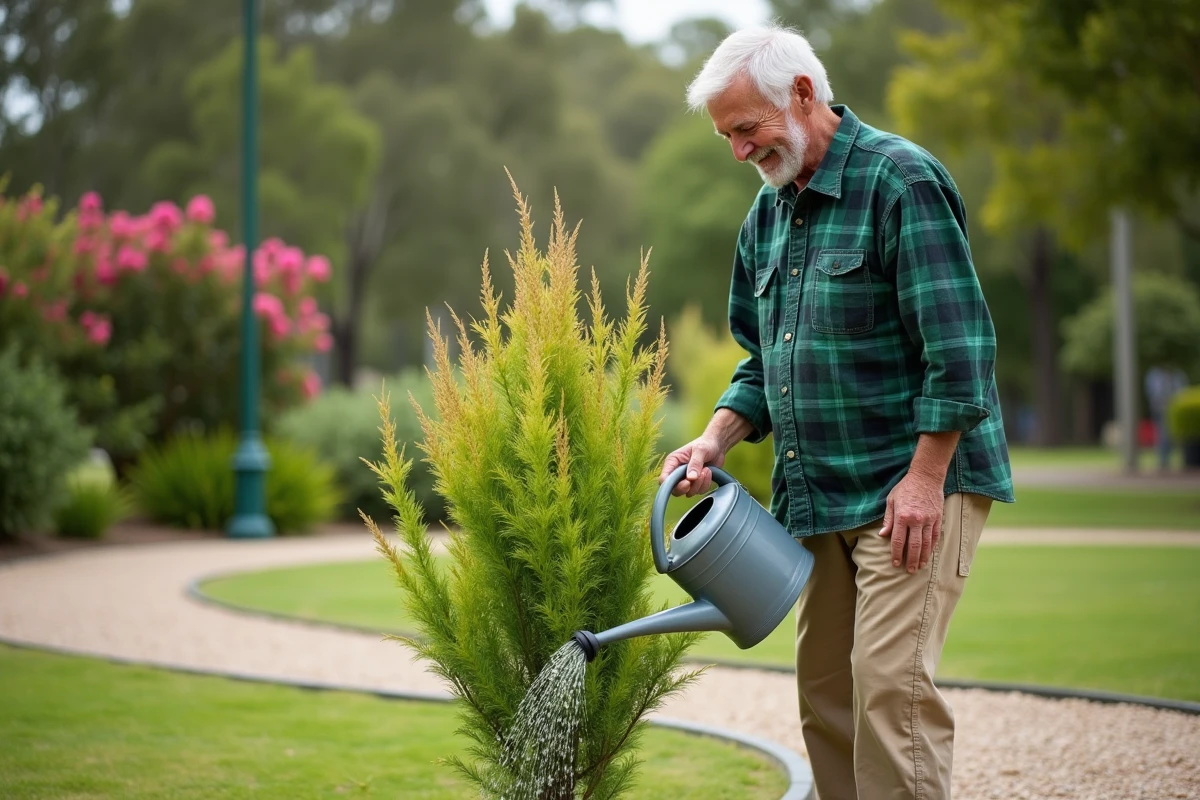 Homme arrosant une jeune plante de geraldton wax dans un parc