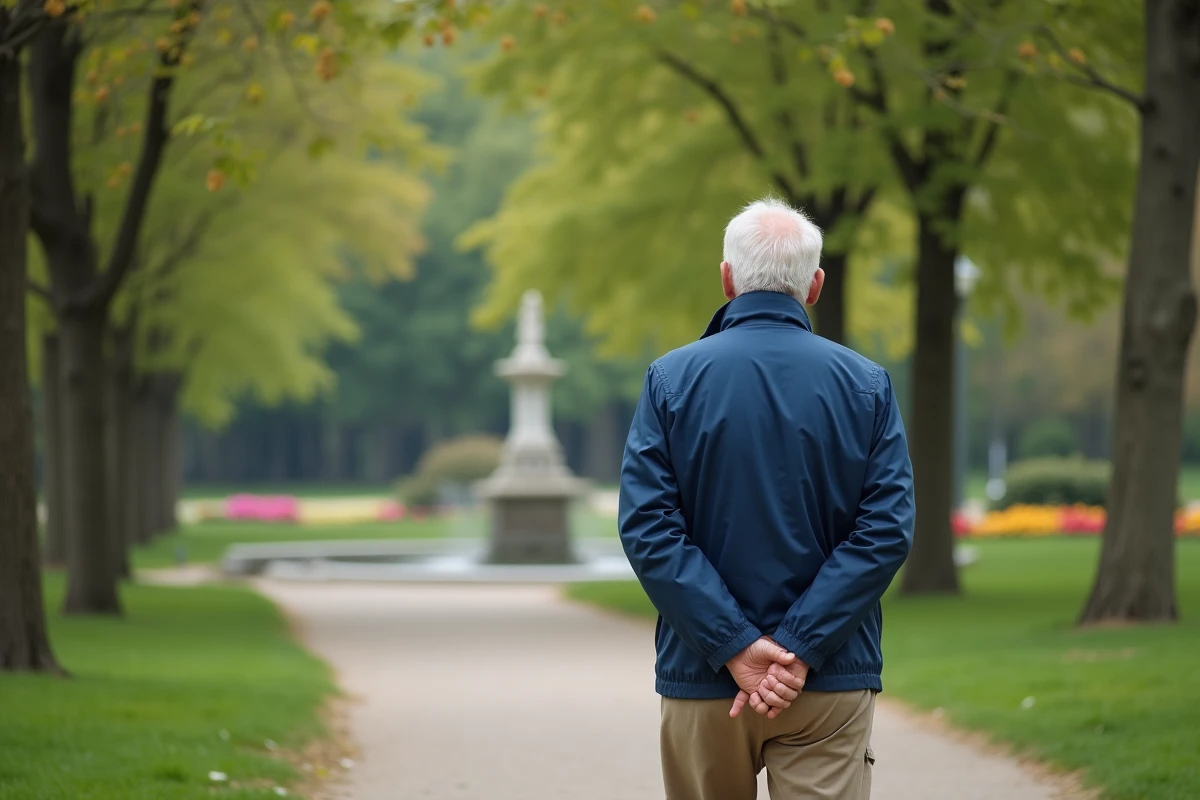 Homme âgé marchant dans un parc calme