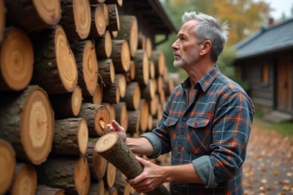 Homme d'âge moyen près de bois d'aluizia coupés