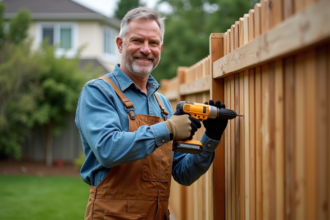 Homme en overalls fixant une cloture en bois avec une perceuse