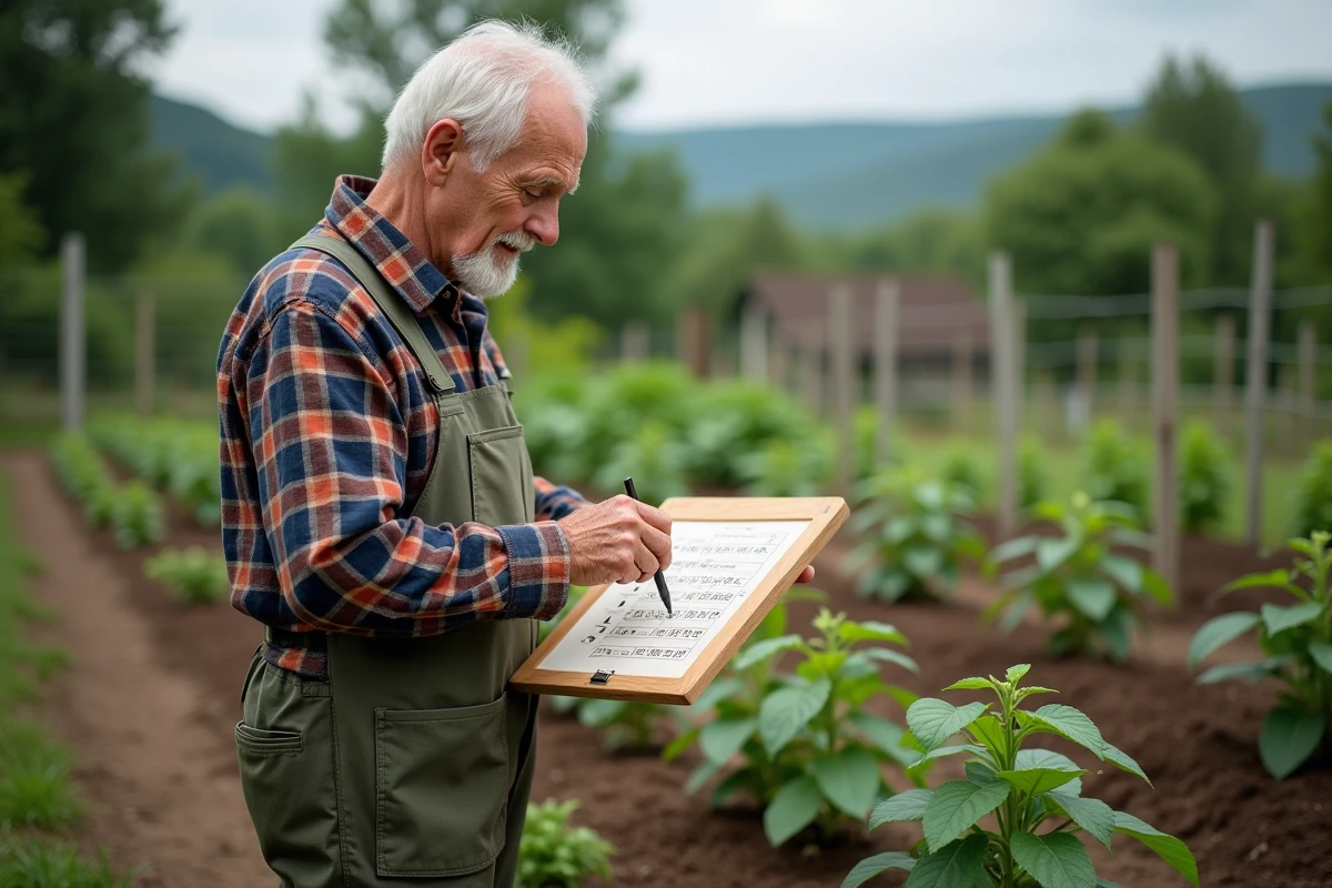 Homme âgé consultant un calendrier lunaire dans le jardin