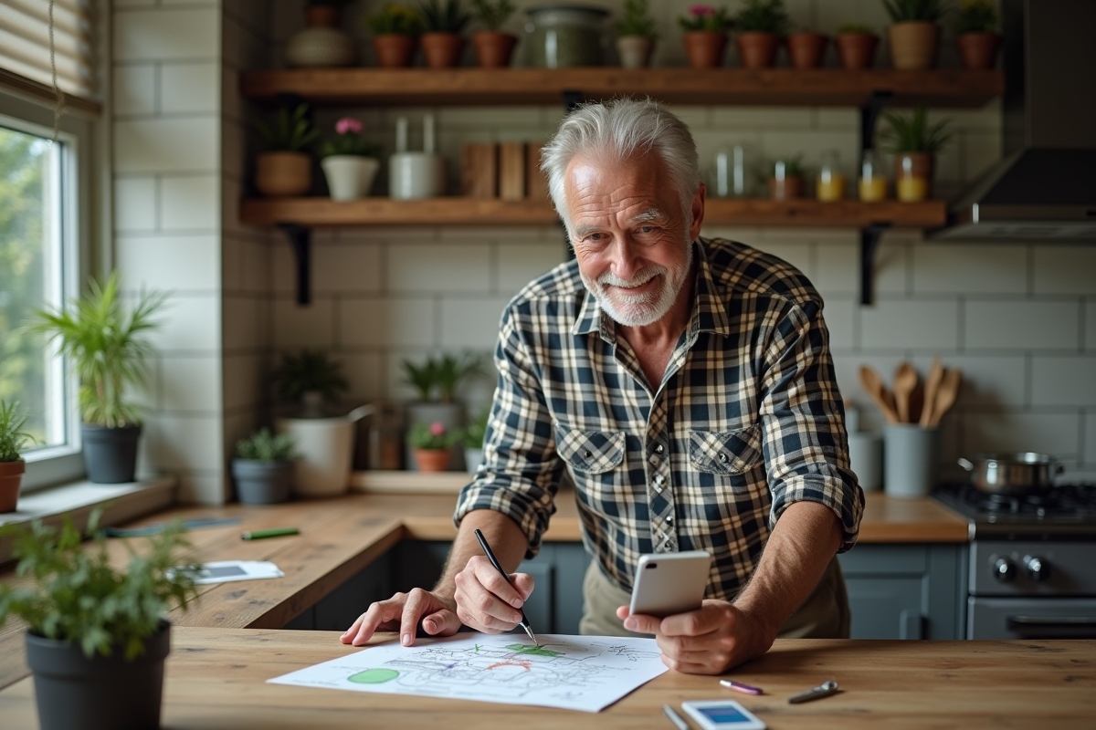 Homme âgé dessinant aménagement jardin avec smartphone