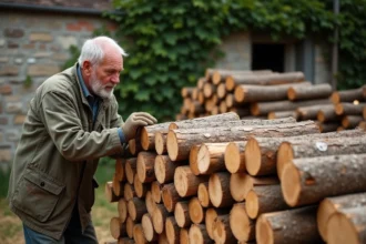 Homme empilant du bois de chauffage en stère dans une cour de ferme rurale, illustrant le poids et le volume d'un stère de bois