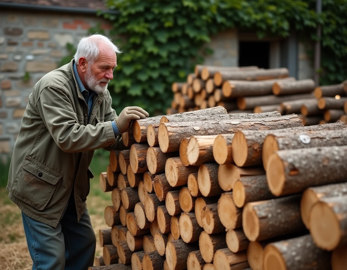 Homme empilant du bois de chauffage en stère dans une cour de ferme rurale, illustrant le poids et le volume d'un stère de bois