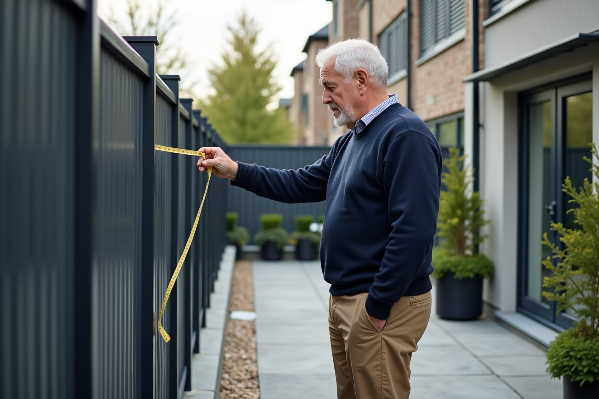 Homme mesurant une clôture métallique dans un patio urbain