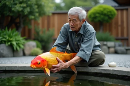 Homme japonais tenant un koi coloré dans un jardin