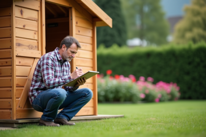 Homme d'âge moyen près d'une cabane en bois dans un jardin