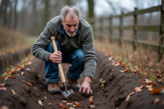 Homme d'âge moyen dans un jardin en automne tourne la terre
