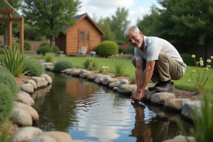Homme d'âge moyen près d'un étang dans le jardin