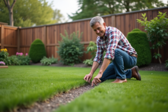 Homme d'âge moyen examine la texture du gazon synthétique