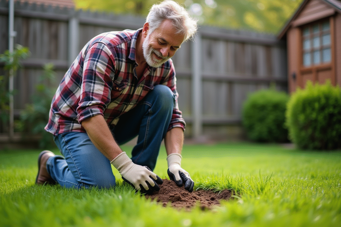 Homme d'âge moyen en jeans et chemise à carreaux appliquant du fertilisant dans le jardin