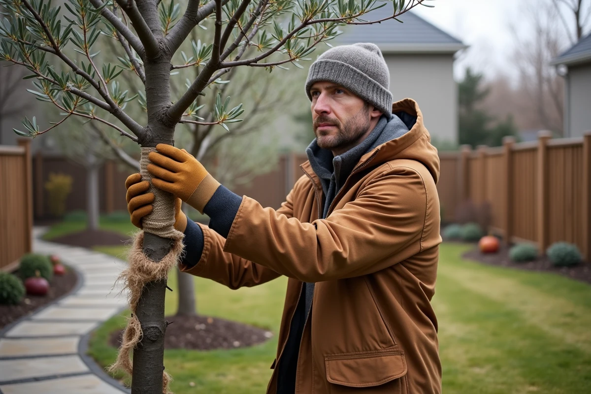Homme d'âge moyen enveloppant un olivier en hiver dans son jardin