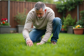 Homme d'âge moyen dans son jardin verdoyant