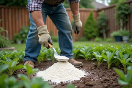 Homme moyen âge appliquant de la chaux dans le jardin