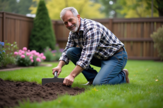 Homme d'âge moyen en vêtements casual jardinant dans la pelouse