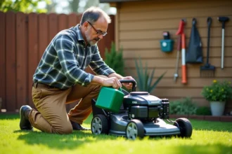 Homme en travaux d'entretien avec une tondeuse moderne dans le jardin
