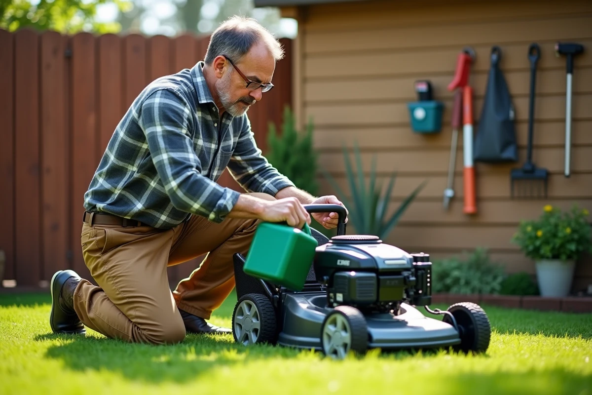 Homme en travaux d'entretien avec une tondeuse moderne dans le jardin