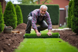 Homme en pantalon de travail et chemise à carreaux posant du gazon