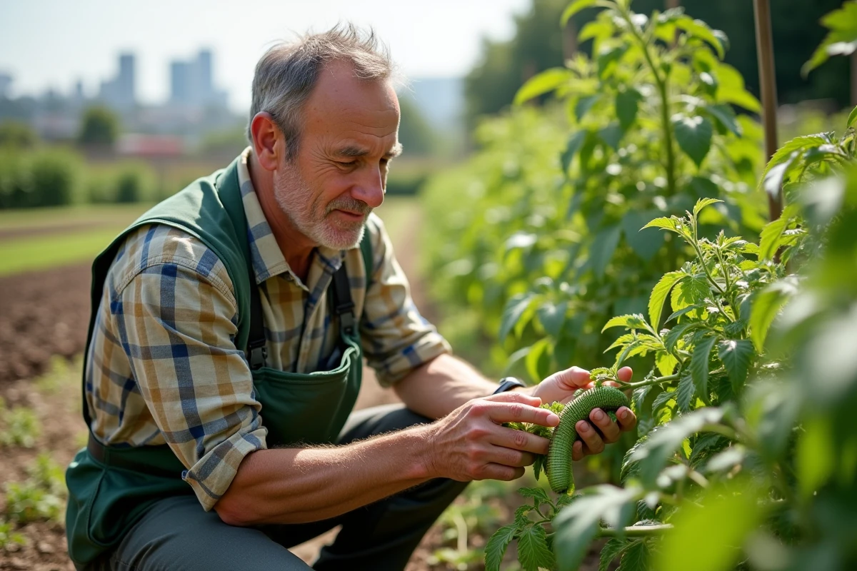 Homme inspectant des tomates avec des chenilles vertes