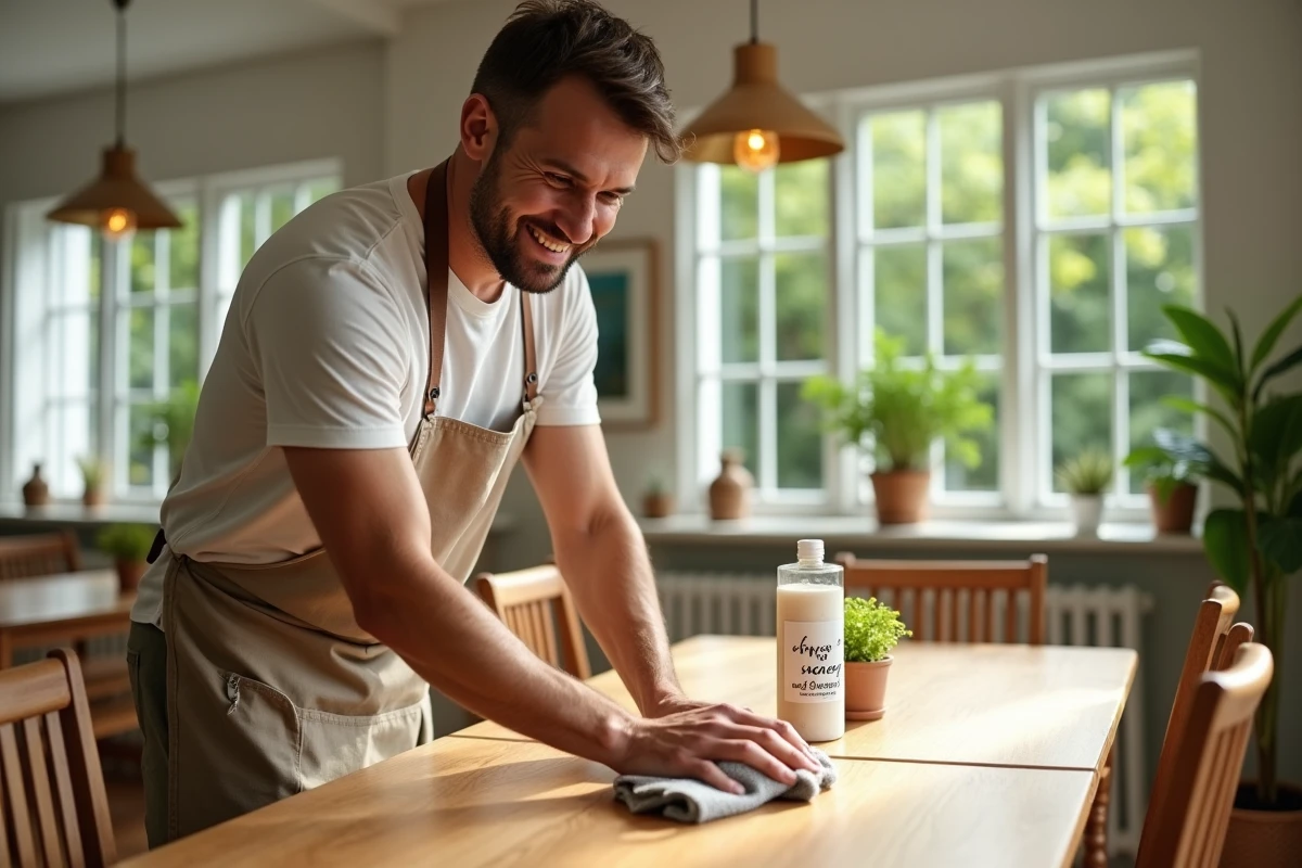 Homme nettoyant une table en bois avec un chiffon réutilisable
