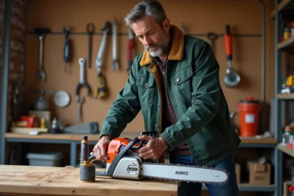 Homme en veste de travail examine une tronçonneuse électrique dans un atelier