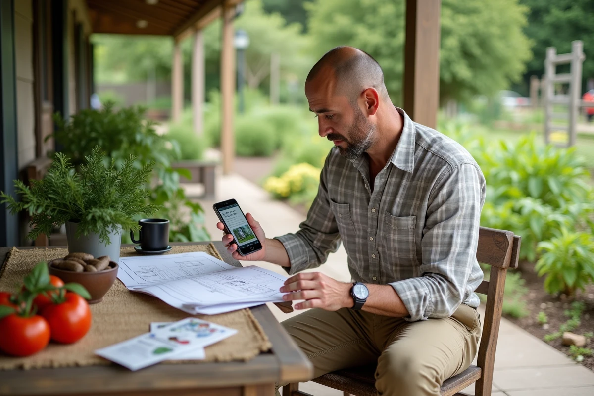 Homme planifiant son jardin avec plans et smartphone