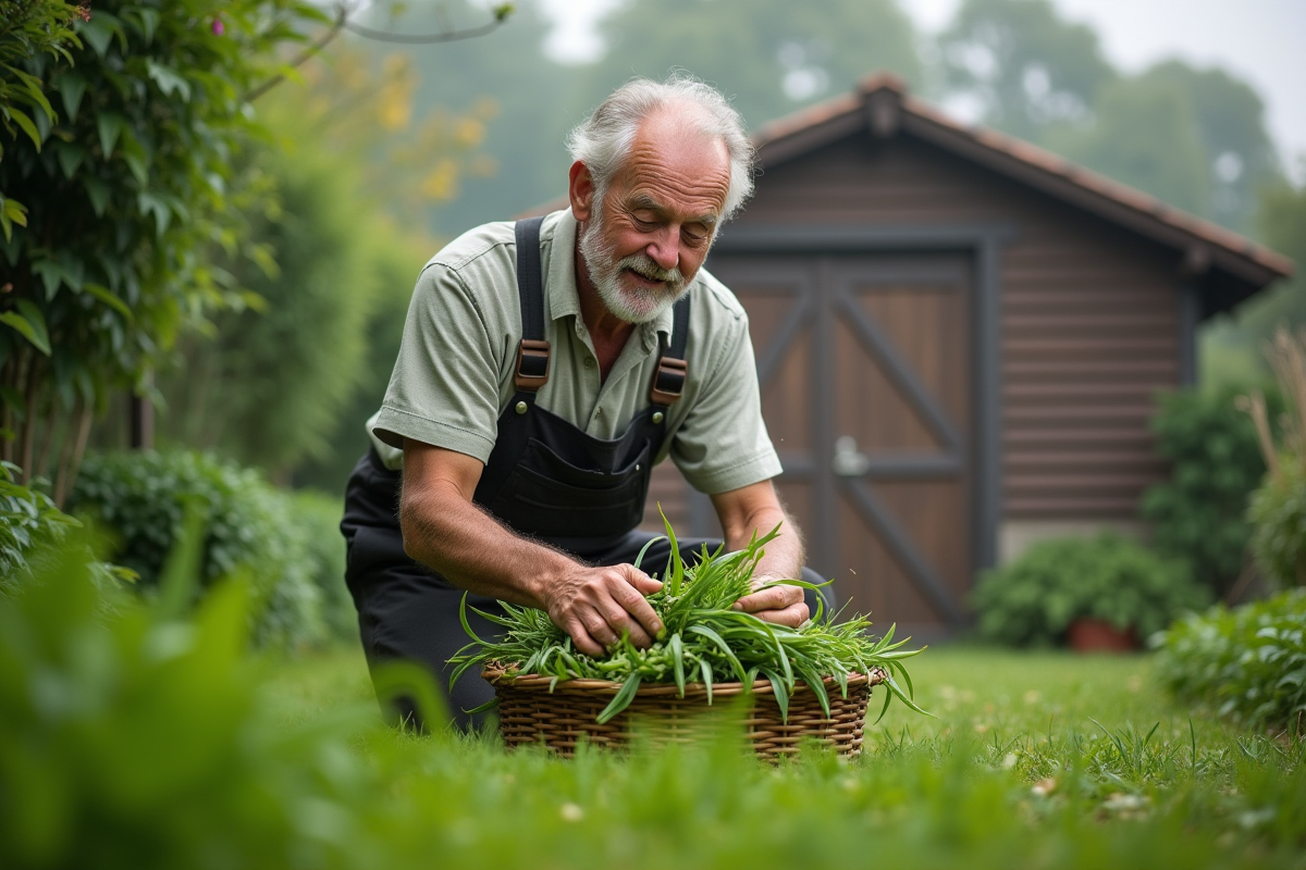 Homme âgé récoltant des graines dans le jardin