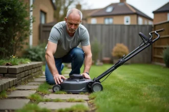 Homme d'âge moyen répare une tondeuse dans le jardin