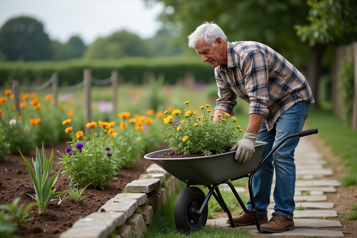 Homme retraité arrangeant des plantes dans un jardin rural