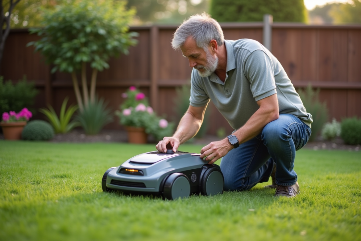 Homme examinant une tondeuse robot dans un jardin