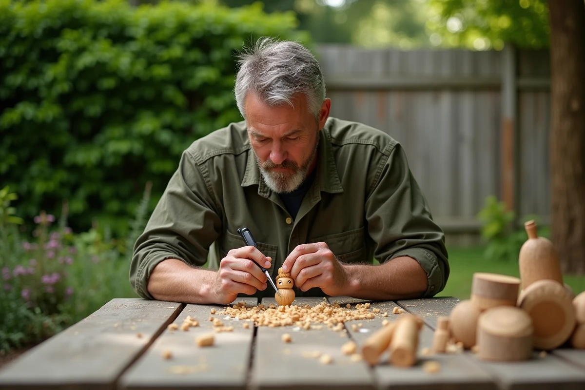 Homme sculptant une figurine en bois de noyer cendré à une table extérieure dans un jardin verdoyant, copeaux de bois autour de lui